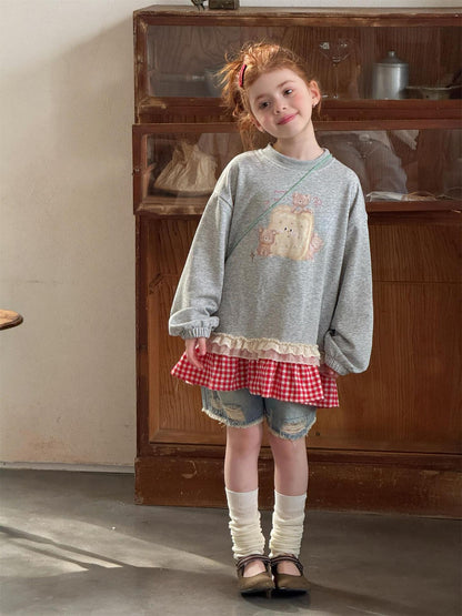 Plaid Lace Print Sweatshirt チェック柄 レース スウェットシャツ【mh0012314】 Light Grey / 90cm Jianzidan