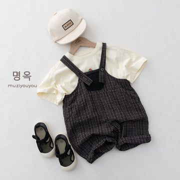Plaid Loose-Fit Jumpsuit サスペンダー ハーフサロペット【mh0013136】 명옥 muziyouyou サロペットパンツ・サスペンダーパンツ