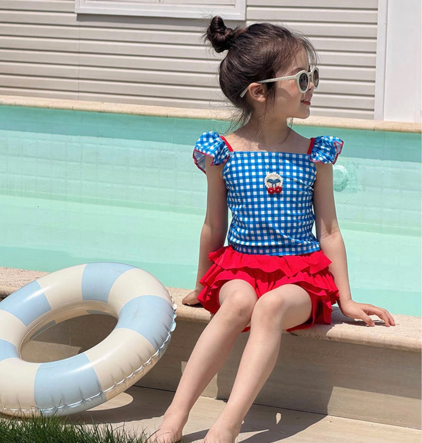 Plaid Quick-dry Split Swimsuit チェック 半袖ラッシュガード ショートパンツ 水着セット【mh0013325】 Blue / 90cm mamahalo kids ベビー用水着