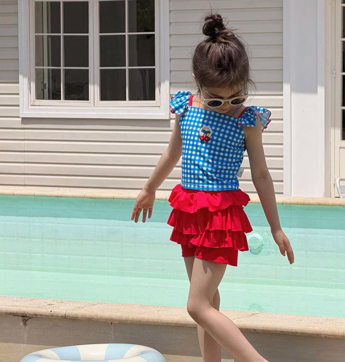 Plaid Quick-dry Split Swimsuit チェック 半袖ラッシュガード ショートパンツ 水着セット【mh0013325】 mamahalo kids ベビー用水着