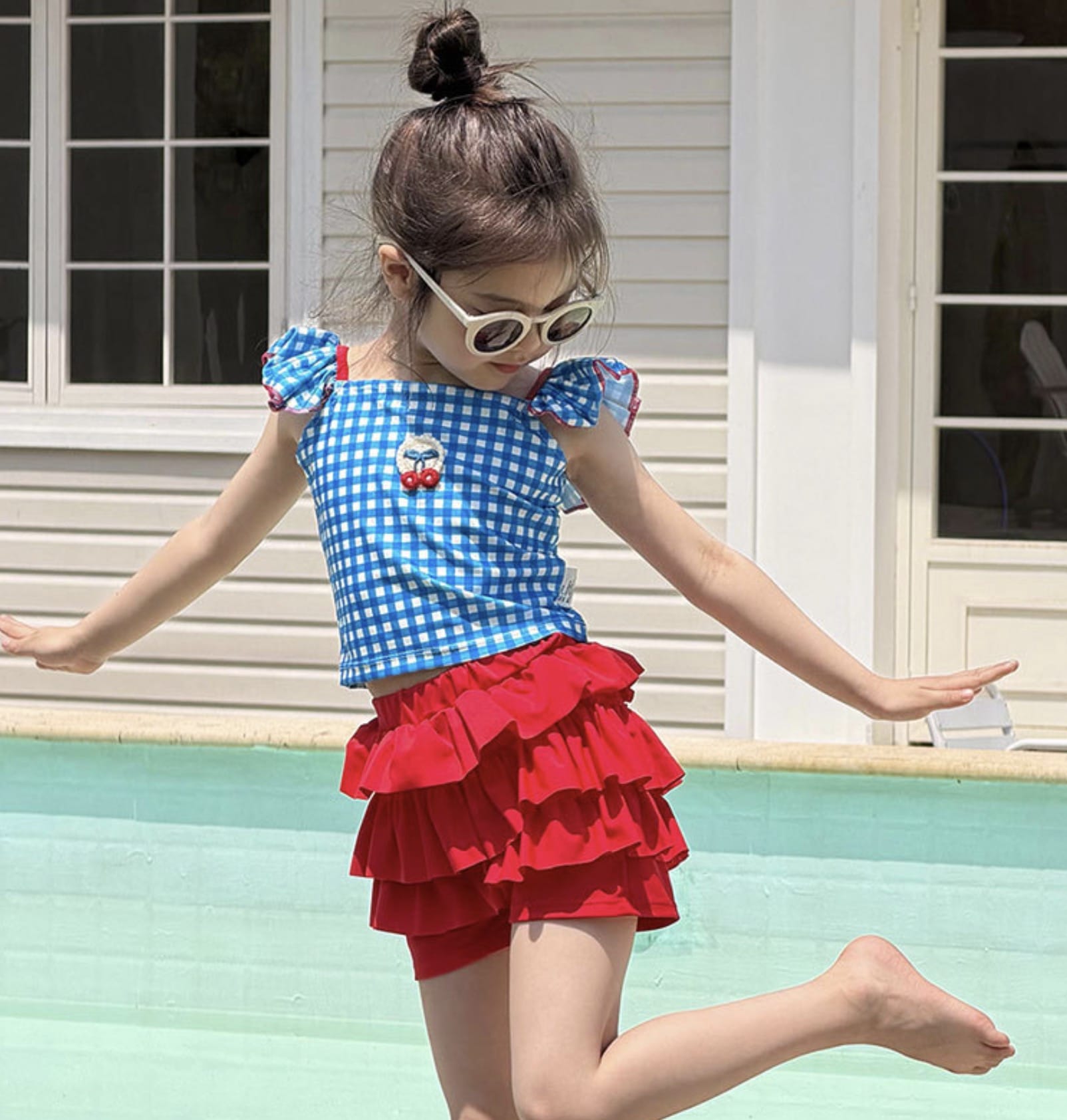 Plaid Quick-dry Split Swimsuit チェック 半袖ラッシュガード ショートパンツ 水着セット【mh0013325】 mamahalo kids ベビー用水着