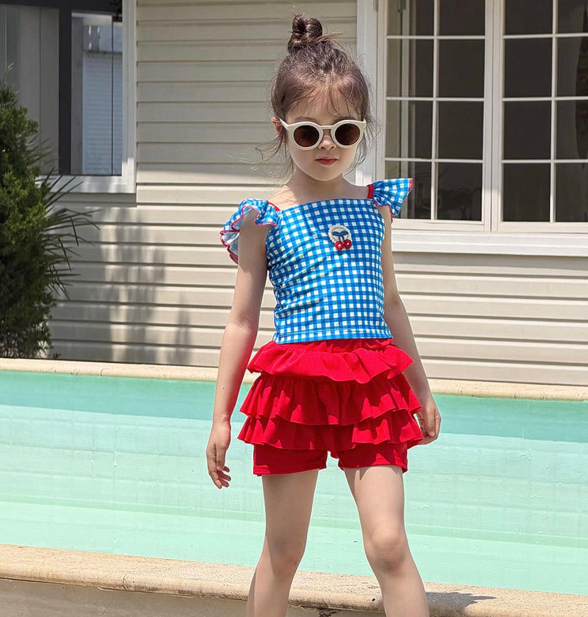 Plaid Quick-dry Split Swimsuit チェック 半袖ラッシュガード ショートパンツ 水着セット【mh0013325】 mamahalo kids ベビー用水着