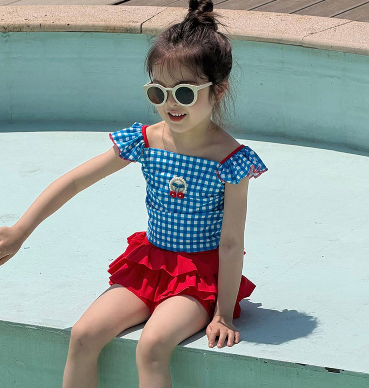 Plaid Quick-dry Split Swimsuit チェック 半袖ラッシュガード ショートパンツ 水着セット【mh0013325】 mamahalo kids ベビー用水着