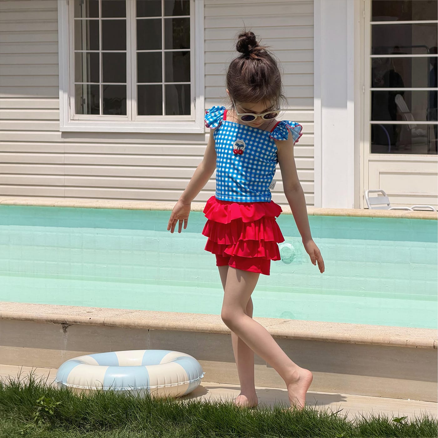 Plaid Quick-dry Split Swimsuit チェック 半袖ラッシュガード ショートパンツ 水着セット【mh0013325】 mamahalo kids ベビー用水着