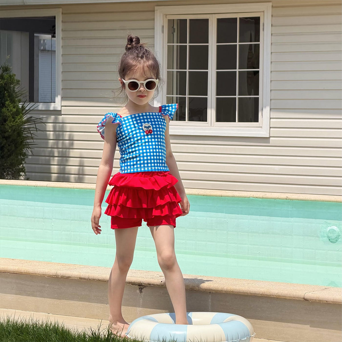 Plaid Quick-dry Split Swimsuit チェック 半袖ラッシュガード ショートパンツ 水着セット【mh0013325】 mamahalo kids ベビー用水着