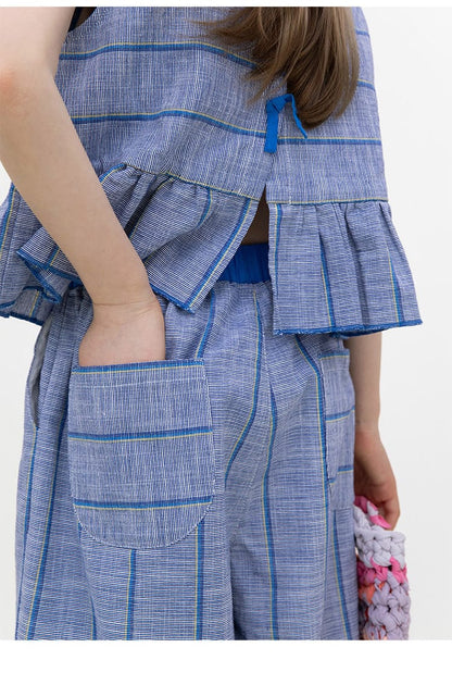 Plaid Ruffled Vest Set ストライプ チェック トップス ワイドロングパンツ【mh0013097】 RICE & SKY ノースリーブセットアップ