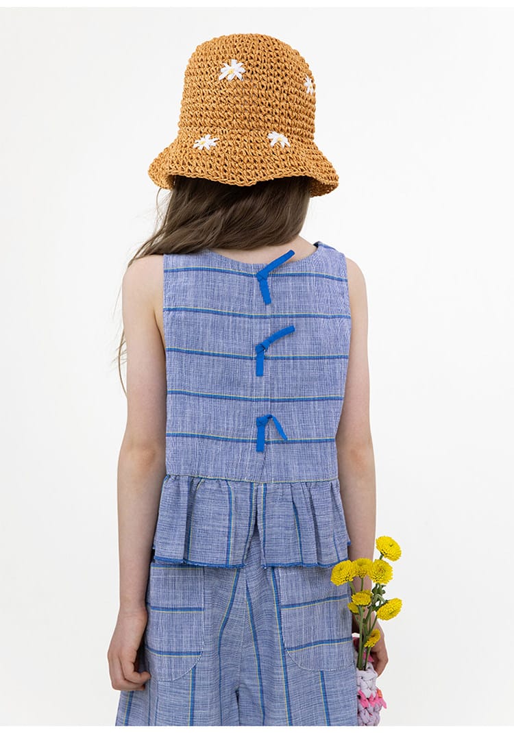 Plaid Ruffled Vest Set ストライプ チェック トップス ワイドロングパンツ【mh0013097】 RICE & SKY ノースリーブセットアップ