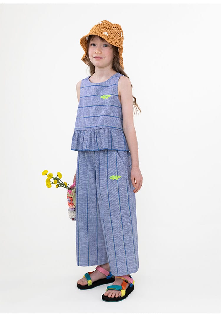 Plaid Ruffled Vest Set ストライプ チェック トップス ワイドロングパンツ【mh0013097】 RICE & SKY ノースリーブセットアップ
