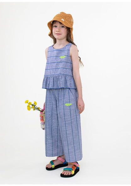 Plaid Ruffled Vest Set ストライプ チェック トップス ワイドロングパンツ【mh0013097】 RICE & SKY ノースリーブセットアップ