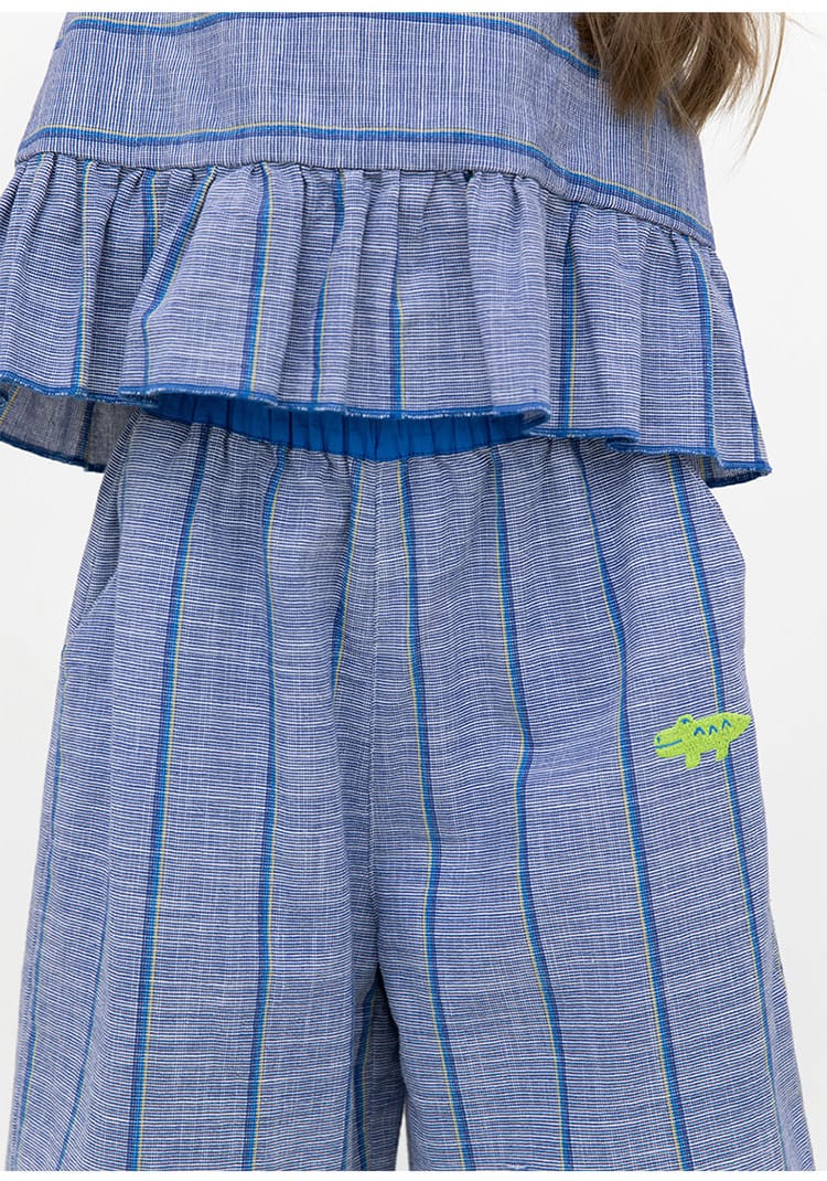 Plaid Ruffled Vest Set ストライプ チェック トップス ワイドロングパンツ【mh0013097】 RICE & SKY ノースリーブセットアップ