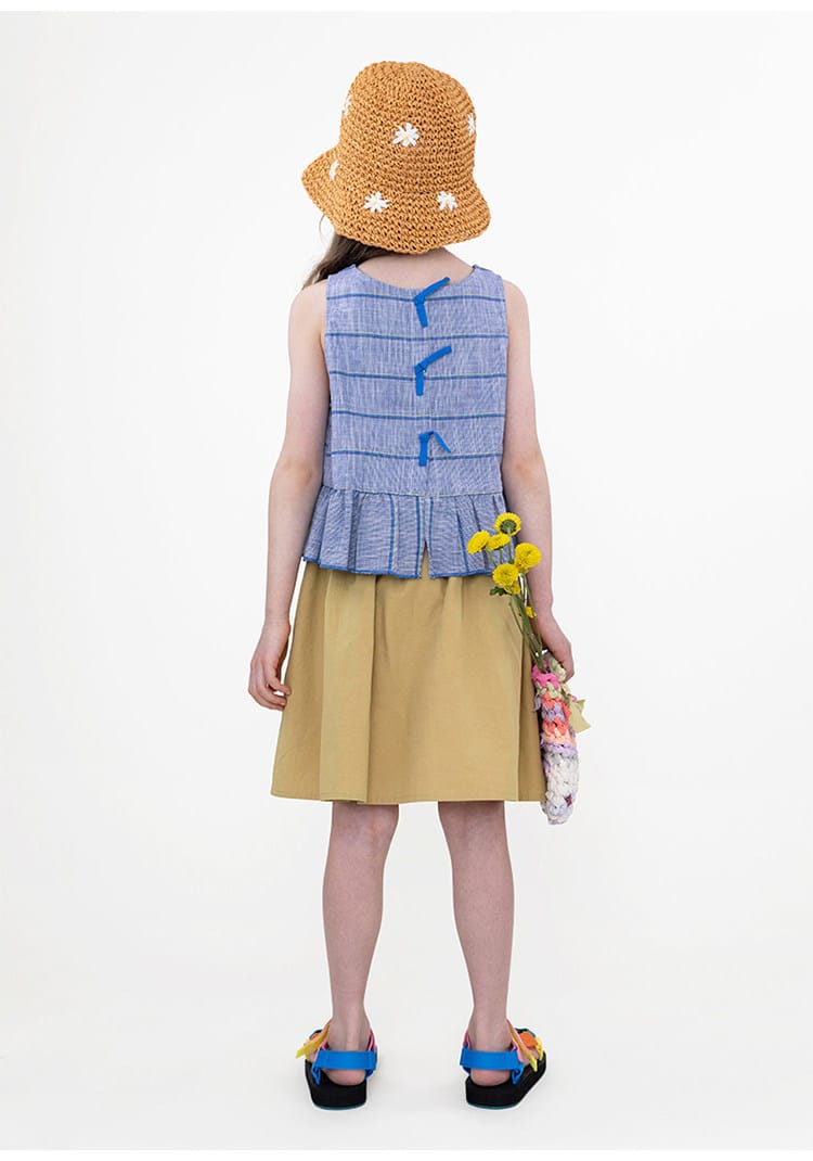 Plaid Ruffled Vest Set ストライプ チェック トップス ワイドロングパンツ【mh0013097】 RICE & SKY ノースリーブセットアップ