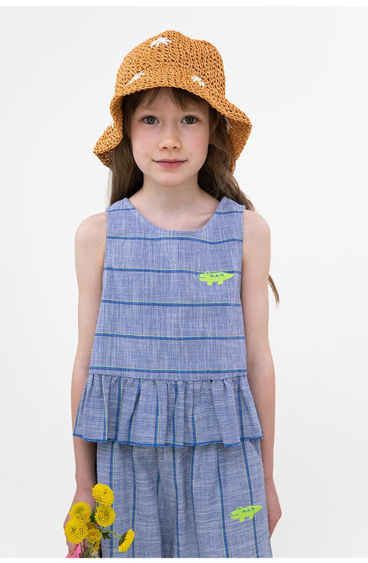 Plaid Ruffled Vest Set ストライプ チェック トップス ワイドロングパンツ【mh0013097】 RICE & SKY ノースリーブセットアップ