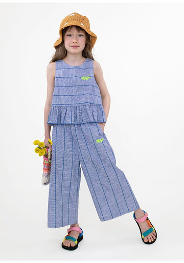 Plaid Ruffled Vest Set ストライプ チェック トップス ワイドロングパンツ【mh0013097】 RICE & SKY ノースリーブセットアップ