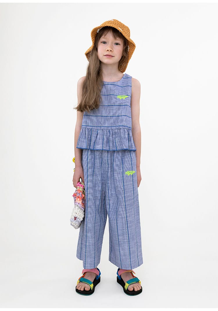Plaid Ruffled Vest Set ストライプ チェック トップス ワイドロングパンツ【mh0013097】 RICE & SKY ノースリーブセットアップ