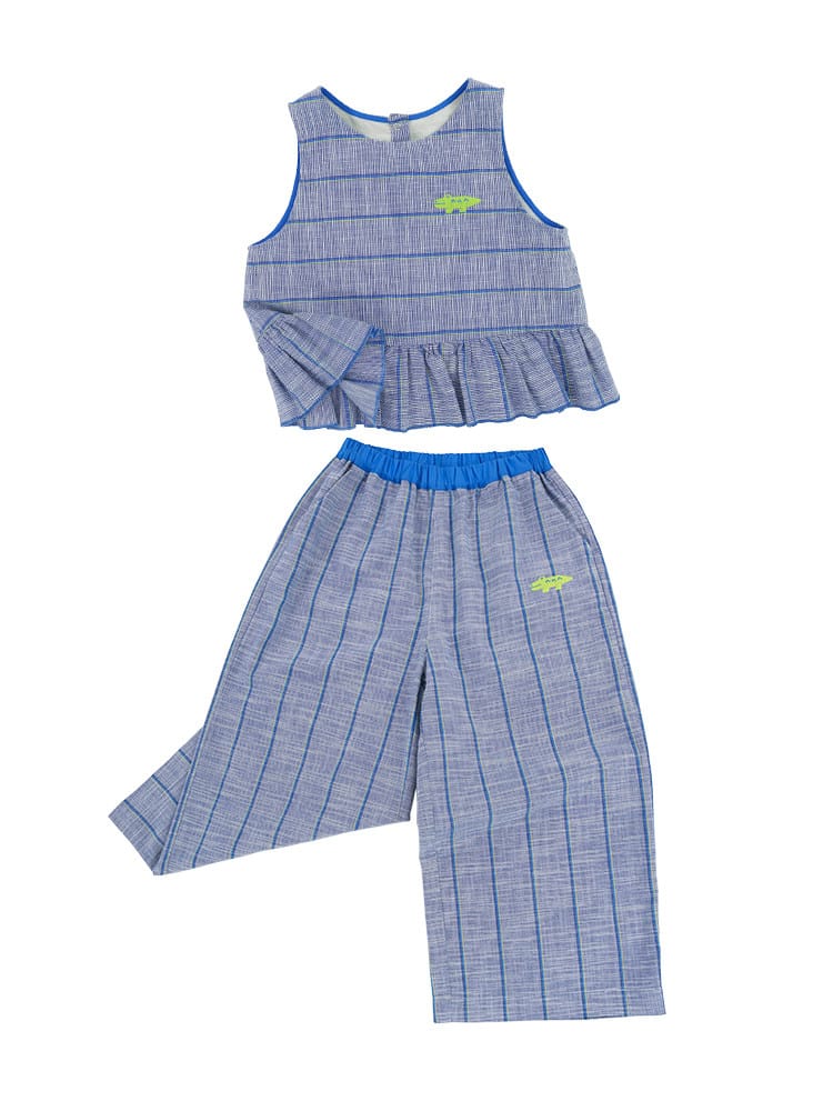 Plaid Ruffled Vest Set ストライプ チェック トップス ワイドロングパンツ【mh0013097】 RICE & SKY ノースリーブセットアップ