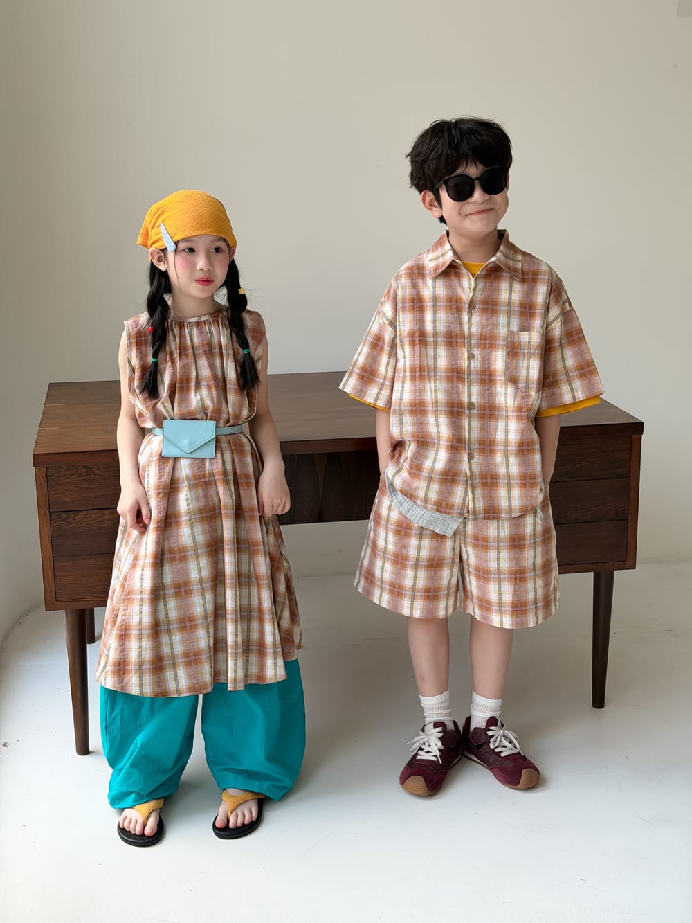 Plaid Separates チェック 半袖シャツ ショートパンツ ノースリーブワンピース【mh0013127】 KUMAI.KIDS 半袖セットアップ