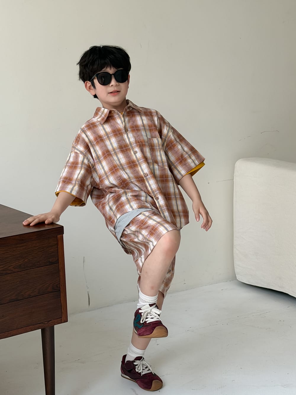 Plaid Separates チェック 半袖シャツ ショートパンツ ノースリーブワンピース【mh0013127】 KUMAI.KIDS 半袖セットアップ