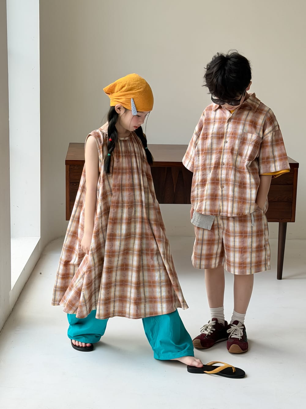 Plaid Separates チェック 半袖シャツ ショートパンツ ノースリーブワンピース【mh0013127】 KUMAI.KIDS 半袖セットアップ