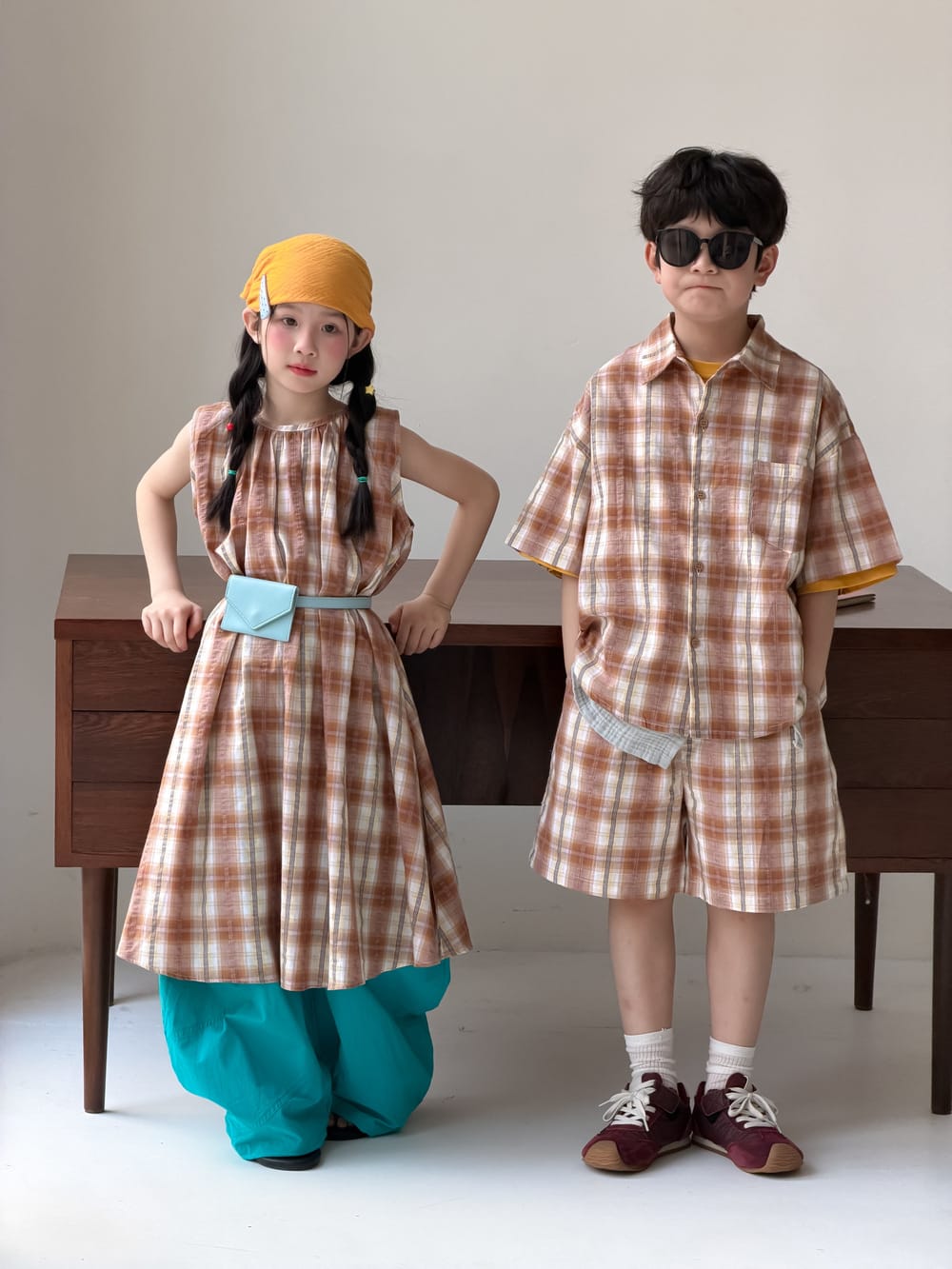 Plaid Separates チェック 半袖シャツ ショートパンツ ノースリーブワンピース【mh0013127】 KUMAI.KIDS 半袖セットアップ
