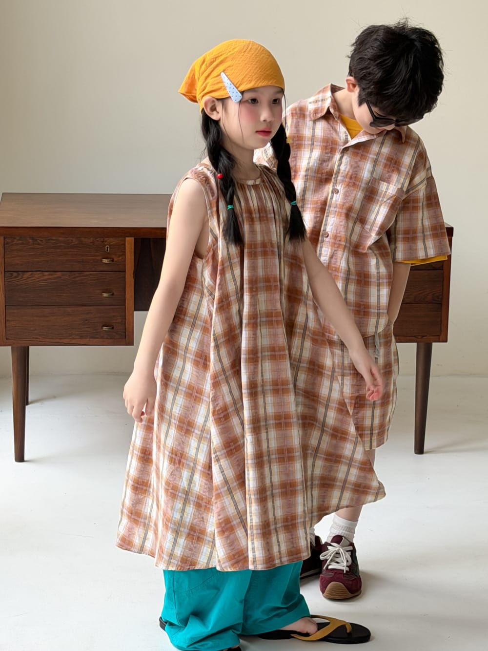 Plaid Separates チェック 半袖シャツ ショートパンツ ノースリーブワンピース【mh0013127】 KUMAI.KIDS 半袖セットアップ