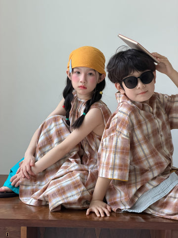Plaid Separates チェック 半袖シャツ ショートパンツ ノースリーブワンピース【mh0013127】 KUMAI.KIDS 半袖セットアップ