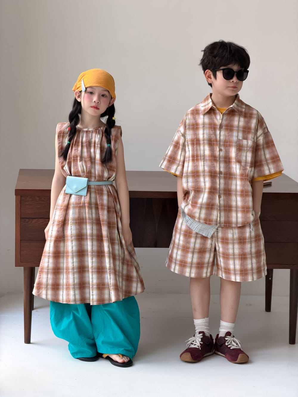 Plaid Separates チェック 半袖シャツ ショートパンツ ノースリーブワンピース【mh0013127】 KUMAI.KIDS 半袖セットアップ