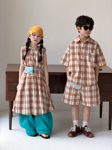 Plaid Separates チェック 半袖シャツ ショートパンツ ノースリーブワンピース【mh0013127】 KUMAI.KIDS 半袖セットアップ