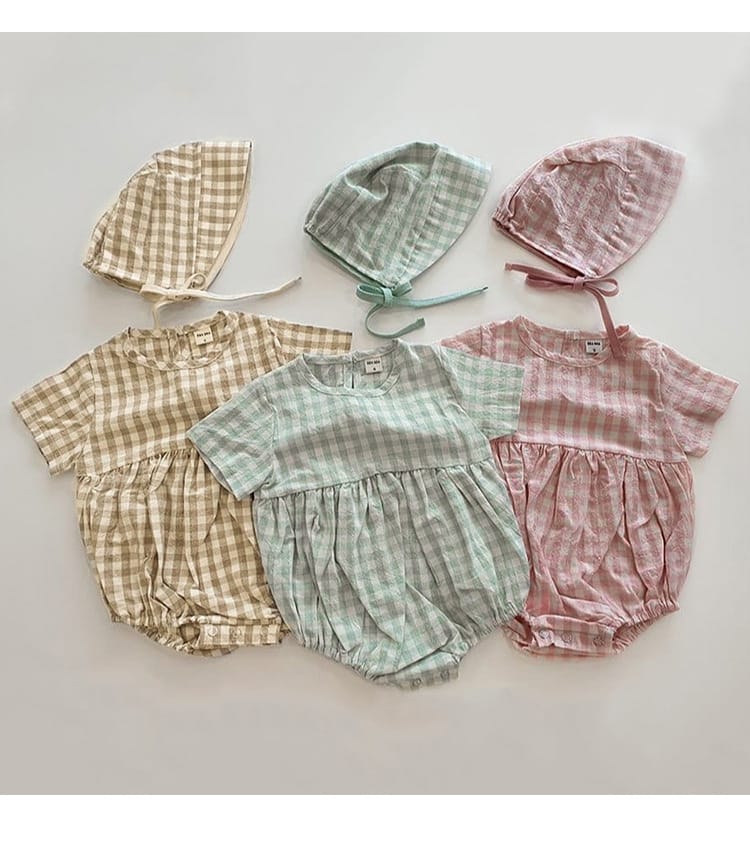 Plaid Short Sleeve Romper with Bonnet チェック柄 半袖 ロンパース ボンネット【mh0012673】 BBAMMA 半袖ロンパース