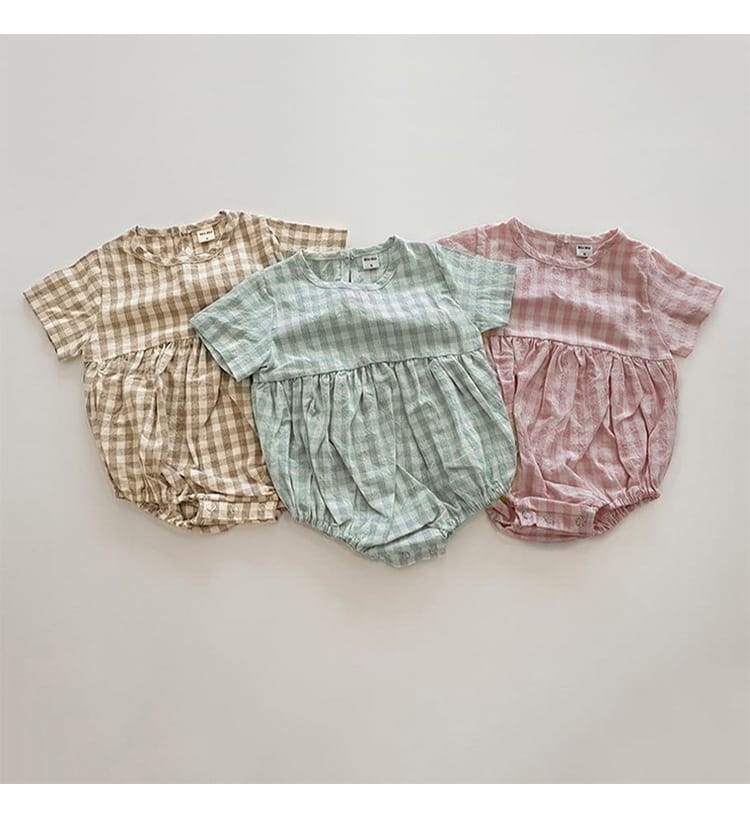 Plaid Short Sleeve Romper with Bonnet チェック柄 半袖 ロンパース ボンネット【mh0012673】 BBAMMA 半袖ロンパース