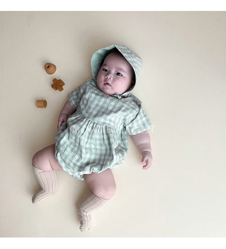 Plaid Short Sleeve Romper with Bonnet チェック柄 半袖 ロンパース ボンネット【mh0012673】 BBAMMA 半袖ロンパース