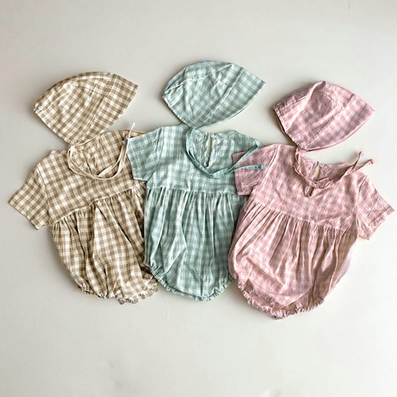 Plaid Short Sleeve Romper with Bonnet チェック柄 半袖 ロンパース ボンネット【mh0012673】 BBAMMA 半袖ロンパース