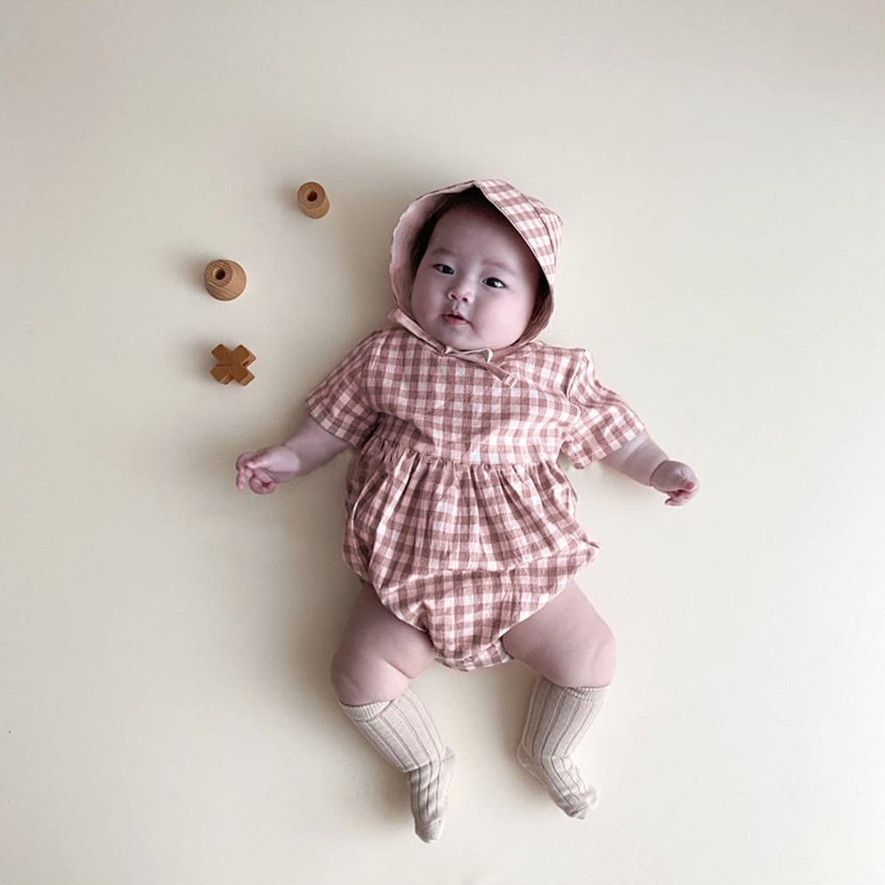 Plaid Short Sleeve Romper with Bonnet チェック柄 半袖 ロンパース ボンネット【mh0012673】 BBAMMA 半袖ロンパース