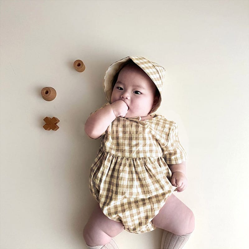 Plaid Short Sleeve Romper with Bonnet チェック柄 半袖 ロンパース ボンネット【mh0012673】 BBAMMA 半袖ロンパース