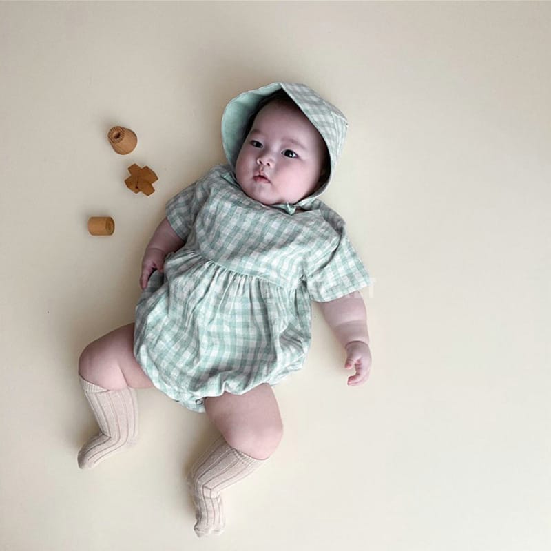 Plaid Short Sleeve Romper with Bonnet チェック柄 半袖 ロンパース ボンネット【mh0012673】 BBAMMA 半袖ロンパース