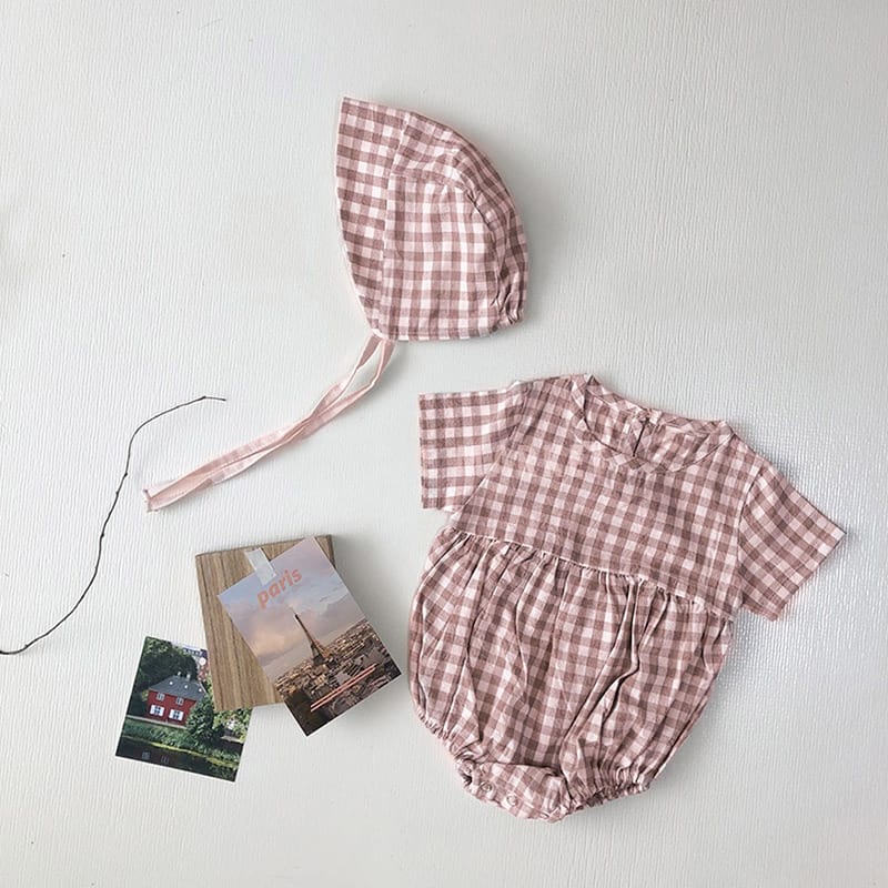 Plaid Short Sleeve Romper with Bonnet チェック柄 半袖 ロンパース ボンネット【mh0012673】 Dark Pink / 66cm BBAMMA 半袖ロンパース