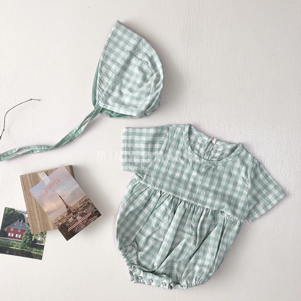 Plaid Short Sleeve Romper with Bonnet チェック柄 半袖 ロンパース ボンネット【mh0012673】 Light Green / 66cm BBAMMA 半袖ロンパース