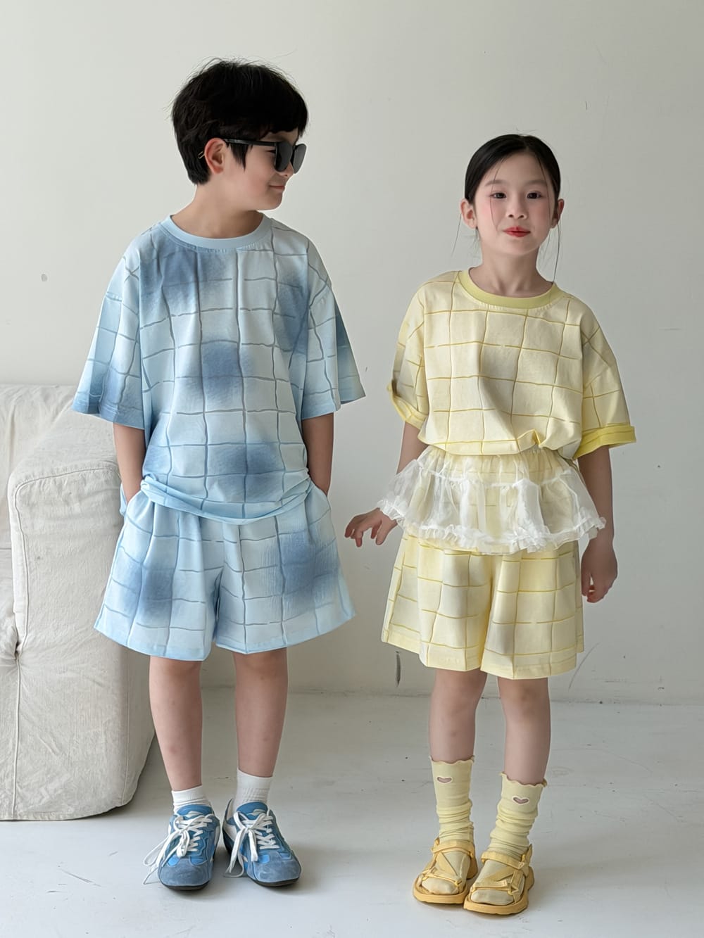 Plaid Textured Shorts Set チェック 半袖Tシャツ ショートパンツ【mh0013128】 KUMAI.KIDS 半袖セットアップ