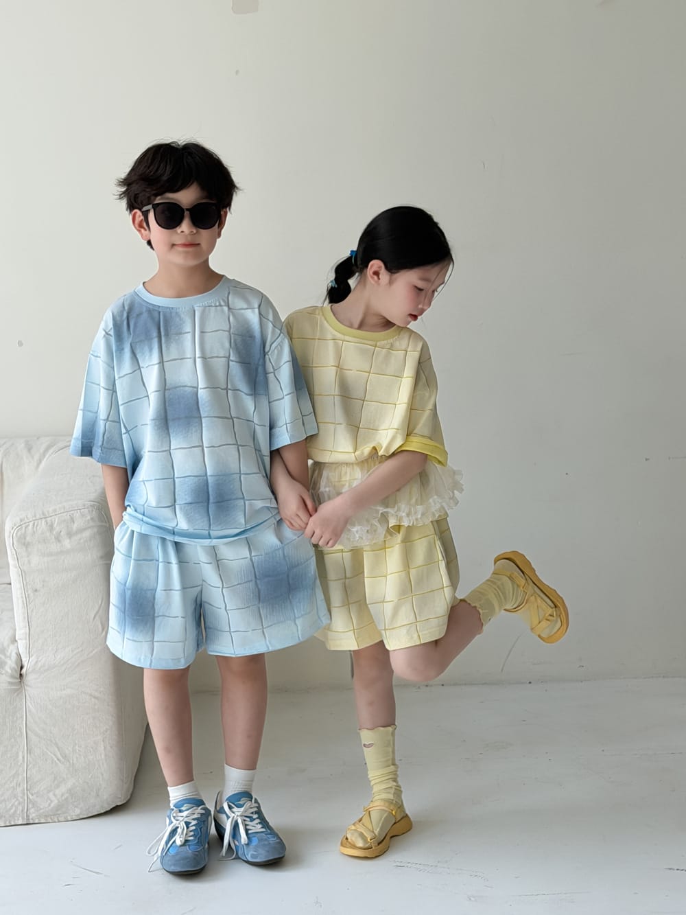 Plaid Textured Shorts Set チェック 半袖Tシャツ ショートパンツ【mh0013128】 KUMAI.KIDS 半袖セットアップ