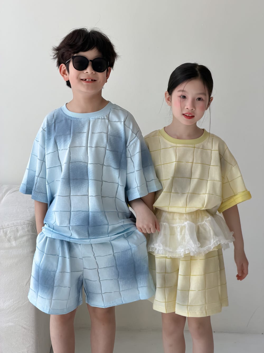 Plaid Textured Shorts Set チェック 半袖Tシャツ ショートパンツ【mh0013128】 KUMAI.KIDS 半袖セットアップ