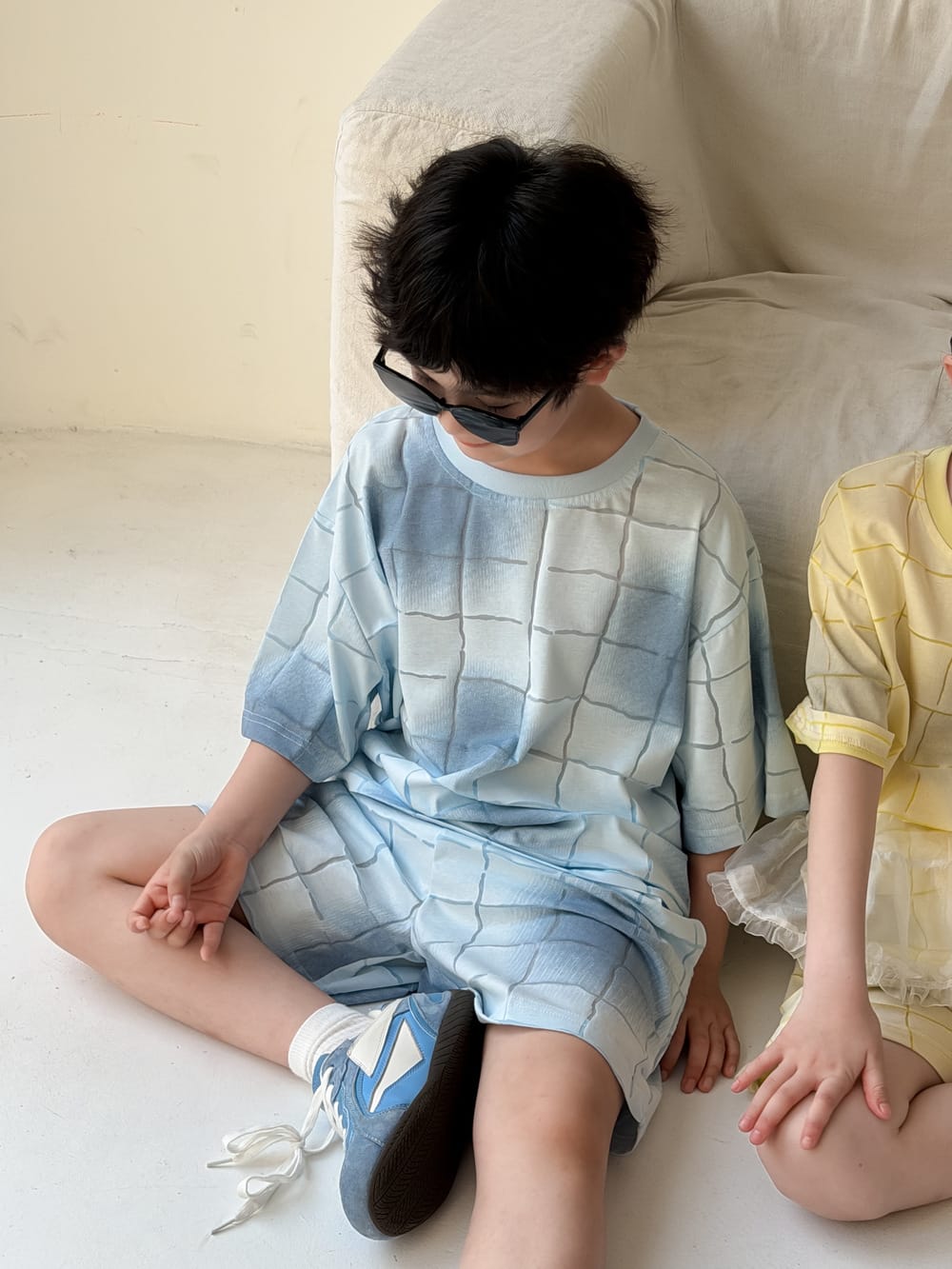 Plaid Textured Shorts Set チェック 半袖Tシャツ ショートパンツ【mh0013128】 KUMAI.KIDS 半袖セットアップ