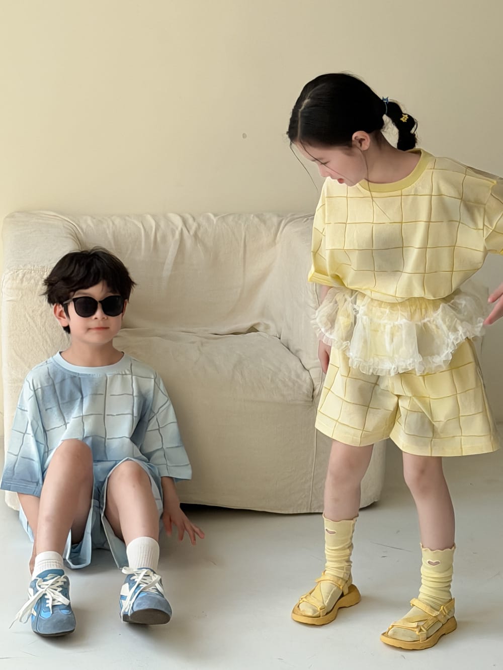 Plaid Textured Shorts Set チェック 半袖Tシャツ ショートパンツ【mh0013128】 KUMAI.KIDS 半袖セットアップ