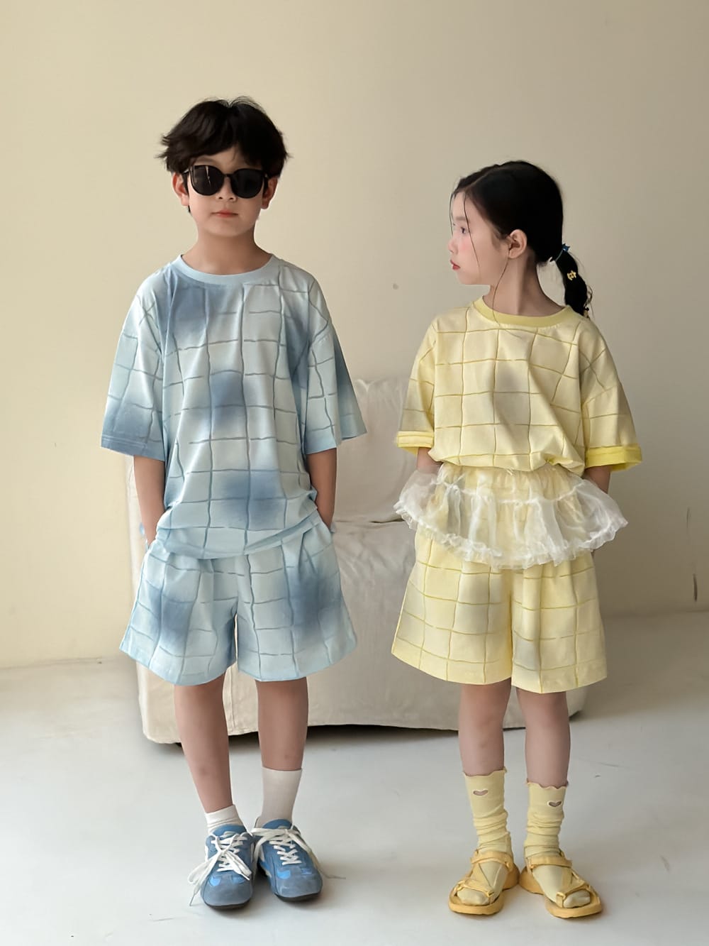 Plaid Textured Shorts Set チェック 半袖Tシャツ ショートパンツ【mh0013128】 KUMAI.KIDS 半袖セットアップ