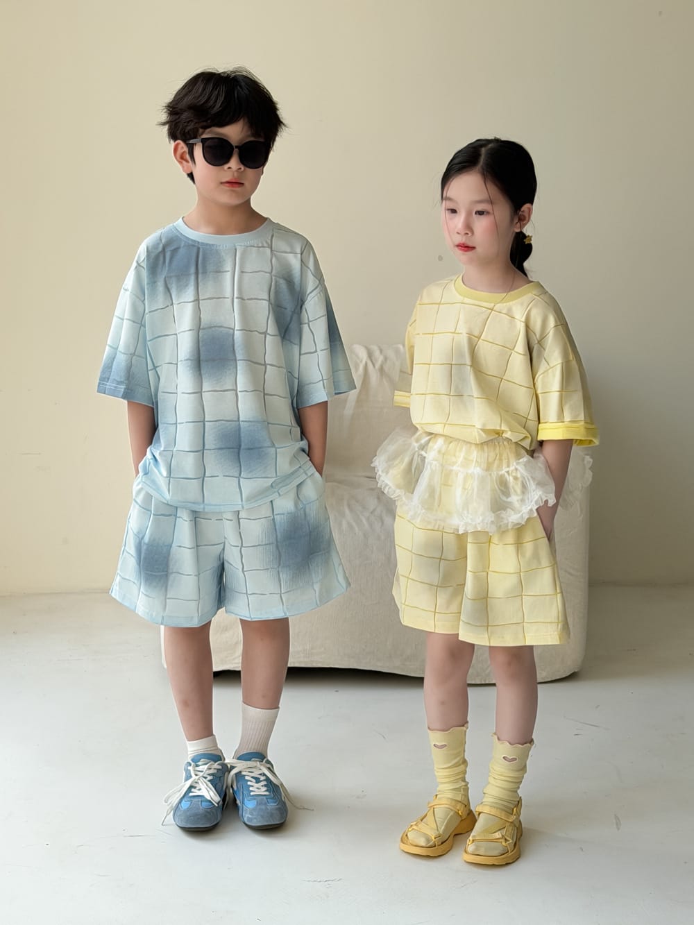Plaid Textured Shorts Set チェック 半袖Tシャツ ショートパンツ【mh0013128】 KUMAI.KIDS 半袖セットアップ