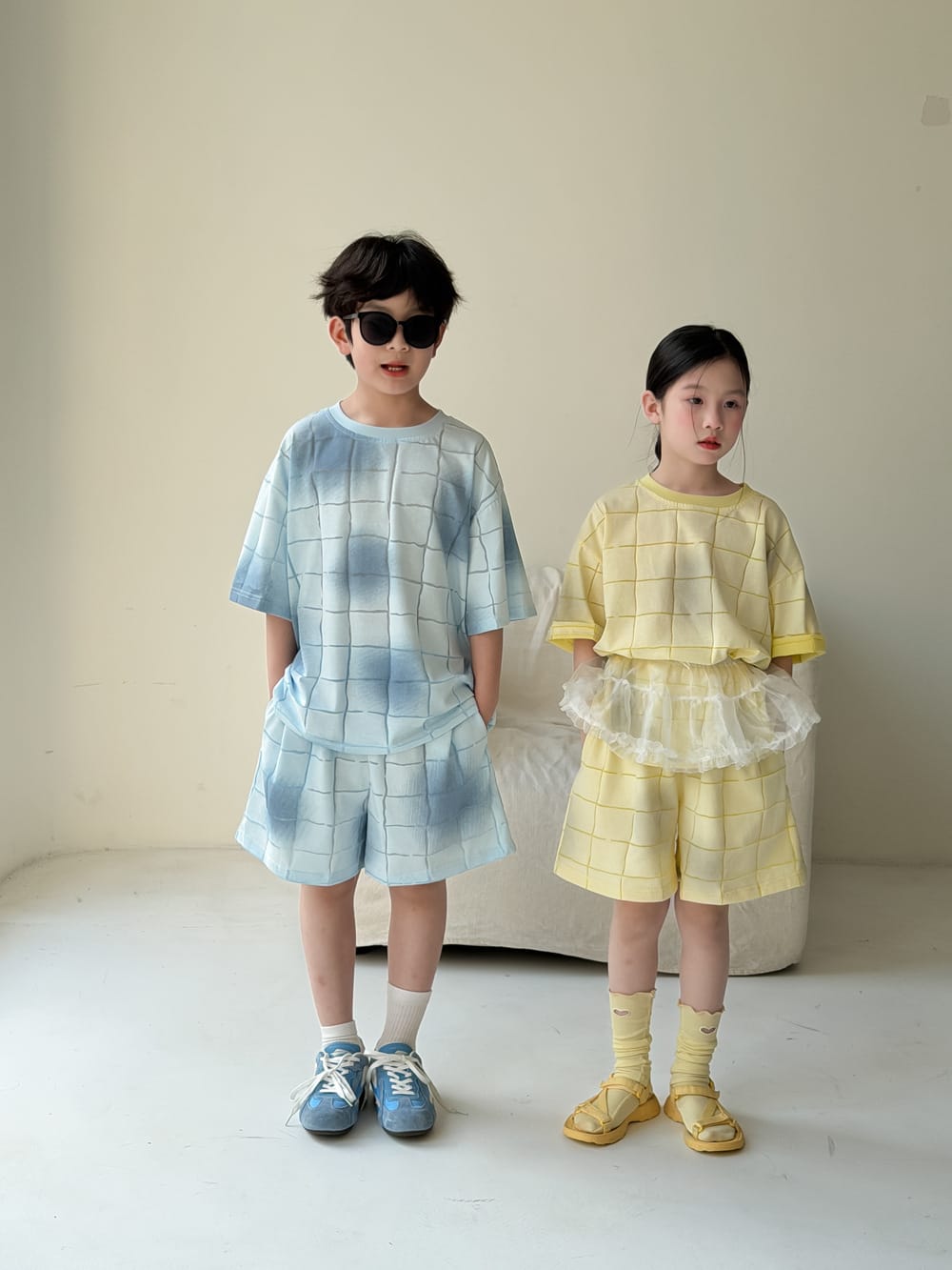 Plaid Textured Shorts Set チェック 半袖Tシャツ ショートパンツ【mh0013128】 KUMAI.KIDS 半袖セットアップ