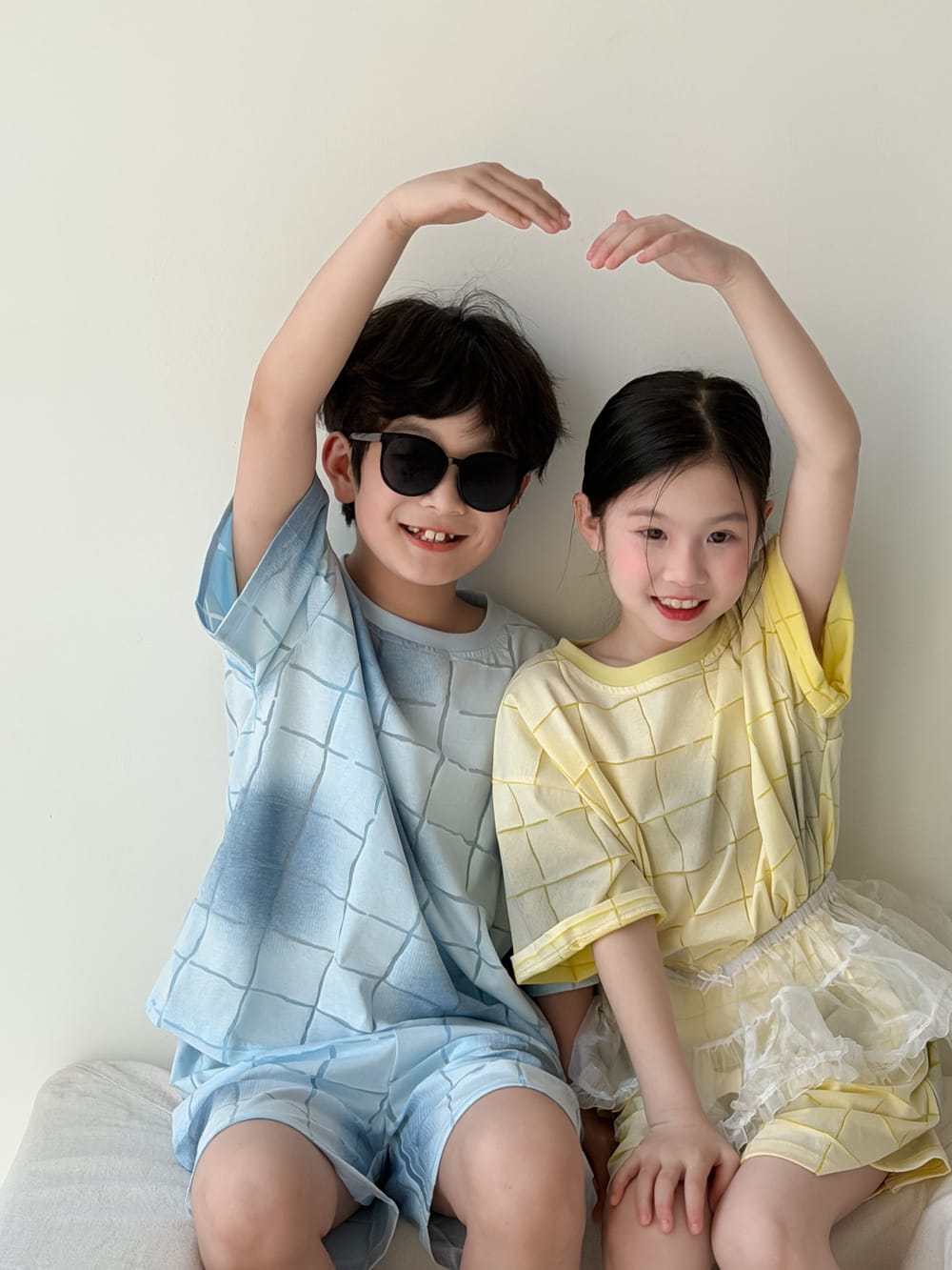 Plaid Textured Shorts Set チェック 半袖Tシャツ ショートパンツ【mh0013128】 KUMAI.KIDS 半袖セットアップ