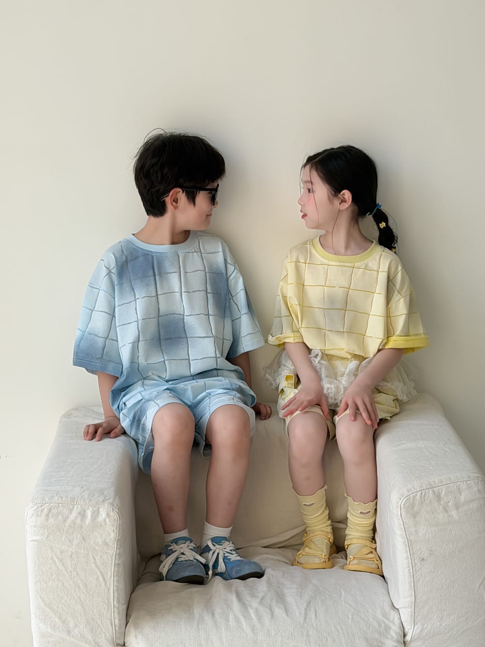 Plaid Textured Shorts Set チェック 半袖Tシャツ ショートパンツ【mh0013128】 KUMAI.KIDS 半袖セットアップ