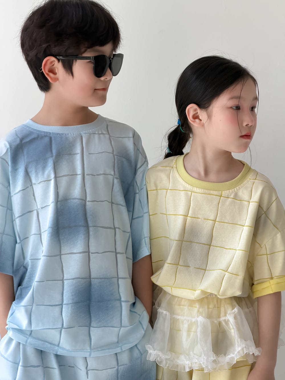 Plaid Textured Shorts Set チェック 半袖Tシャツ ショートパンツ【mh0013128】 KUMAI.KIDS 半袖セットアップ