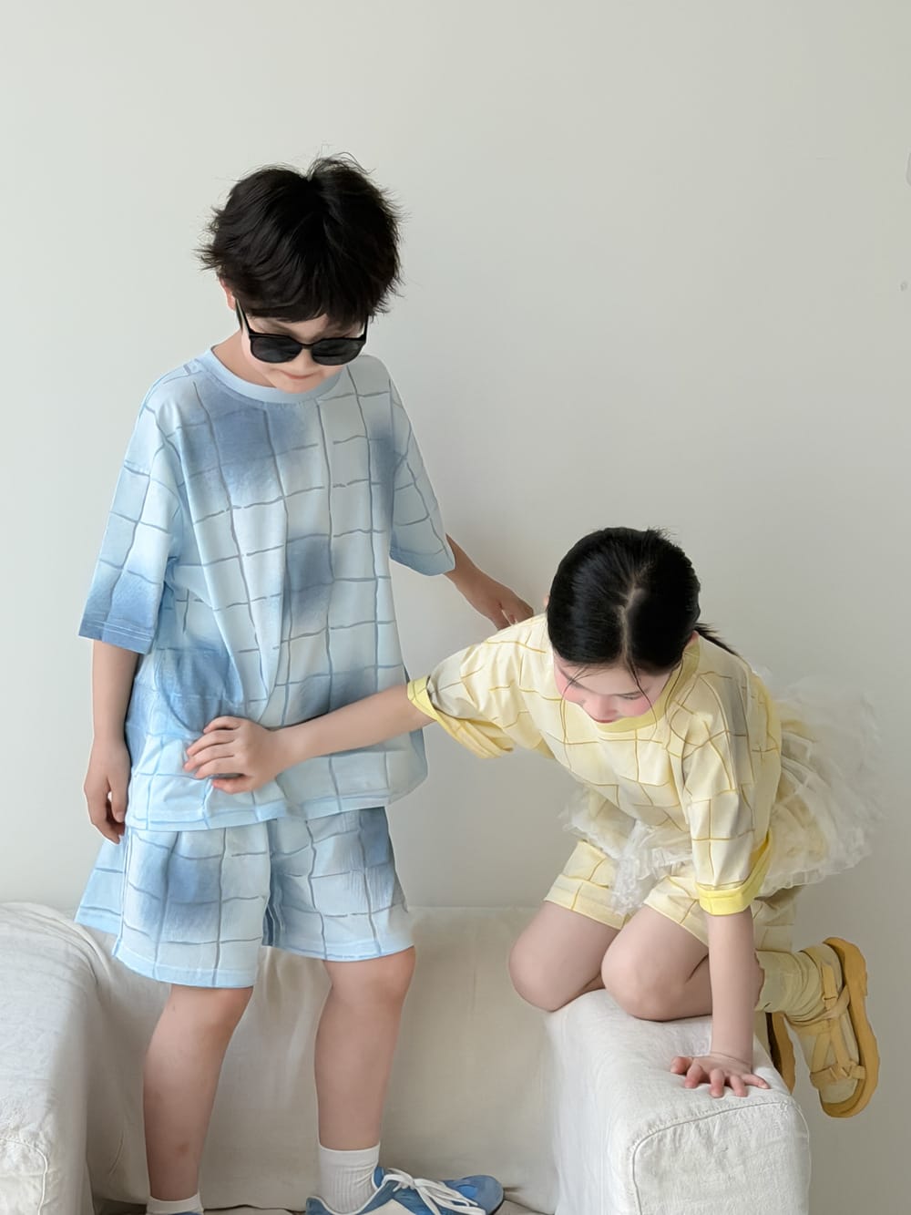 Plaid Textured Shorts Set チェック 半袖Tシャツ ショートパンツ【mh0013128】 KUMAI.KIDS 半袖セットアップ