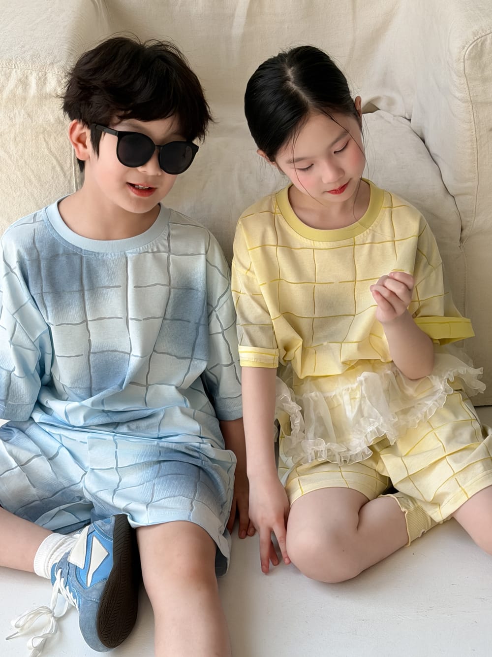 Plaid Textured Shorts Set チェック 半袖Tシャツ ショートパンツ【mh0013128】 KUMAI.KIDS 半袖セットアップ