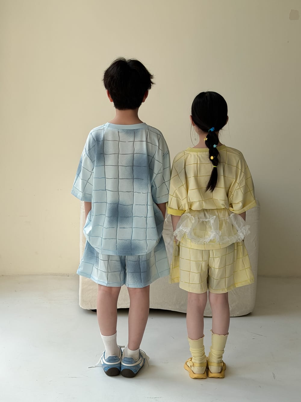 Plaid Textured Shorts Set チェック 半袖Tシャツ ショートパンツ【mh0013128】 KUMAI.KIDS 半袖セットアップ